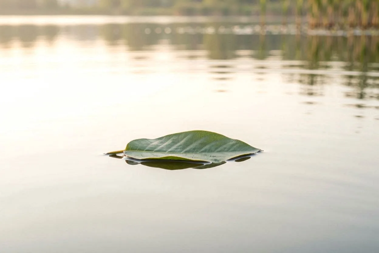 Leaf resting on still water