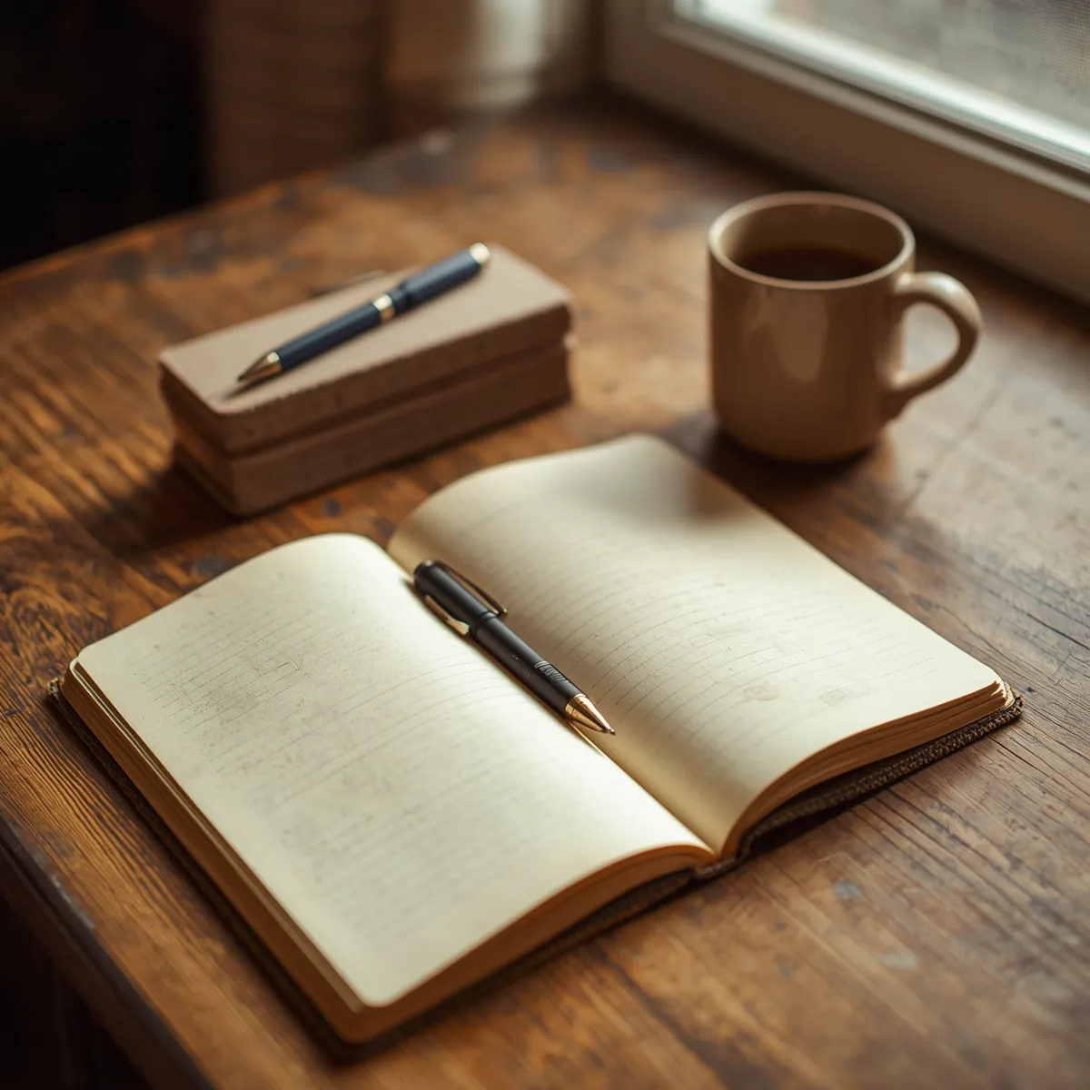 Open notebook and pen on a wooden desk
